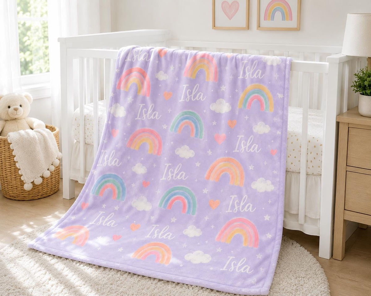 Personalized Baby Blanket, Custom Name Rainbow Blanket, Baby Girl Blanket, Pastel Rainbow Nursery, Baby Shower Gift