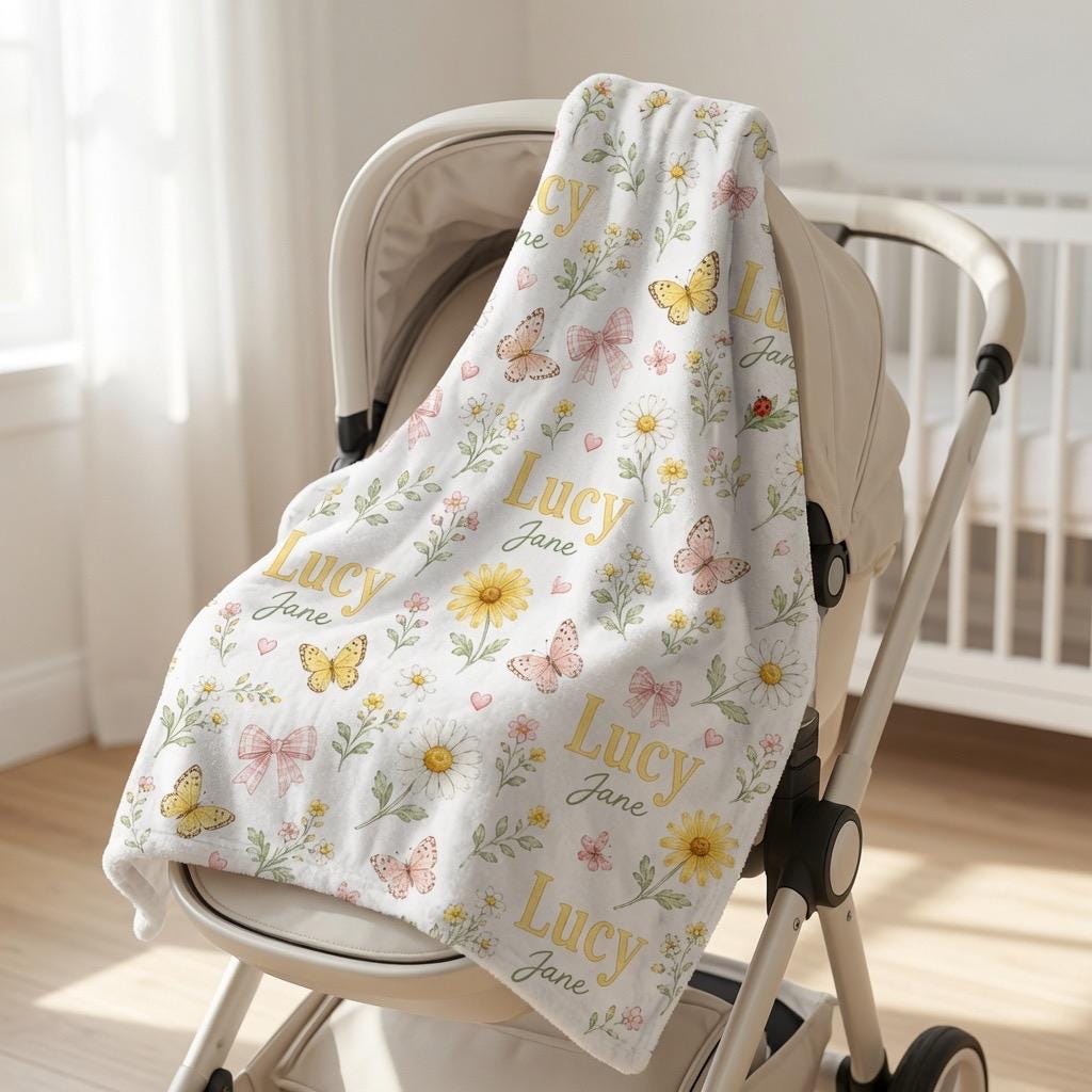 Personalized Daisy Baby Blanket, Custom Baby Girl Blanket, Floral Name Blanket, Butterfly Baby Blanket, Pink Bow Blanket, New