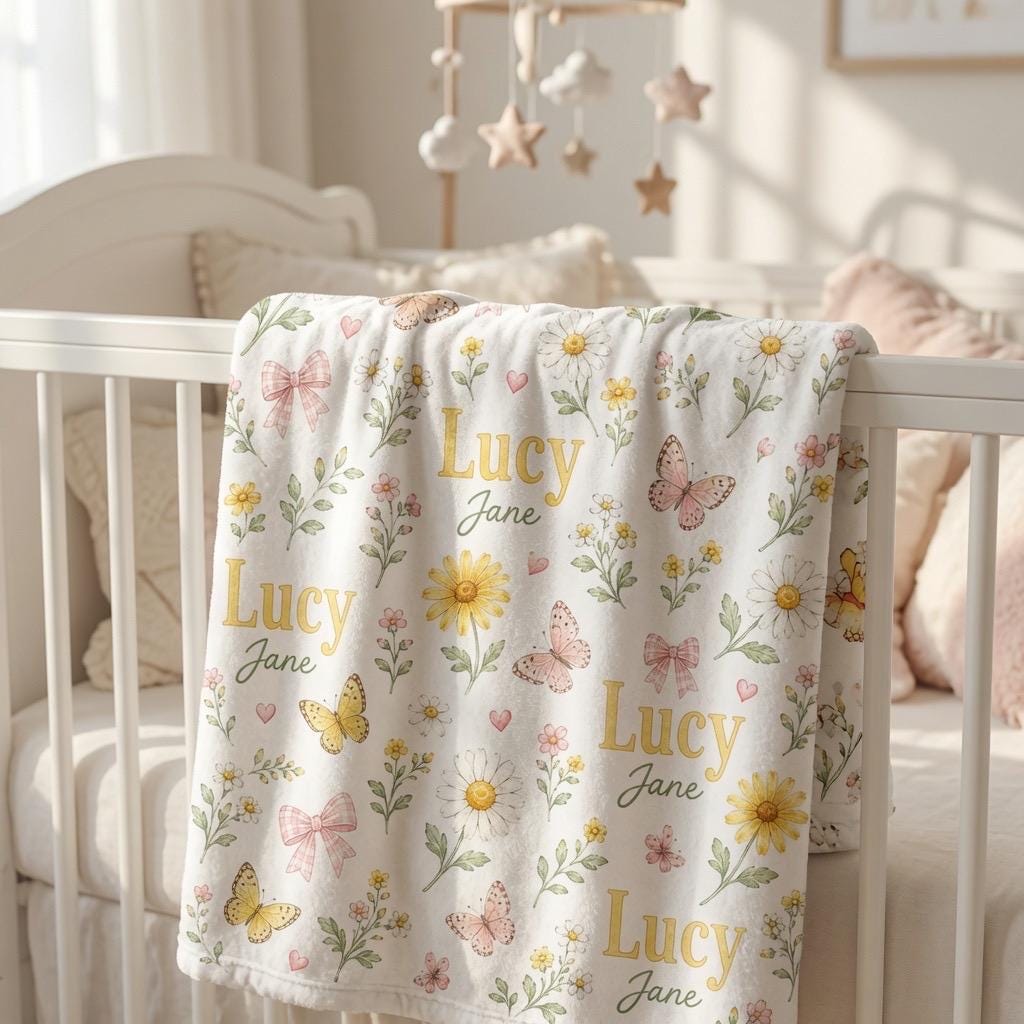 Personalized Daisy Baby Blanket, Custom Baby Girl Blanket, Floral Name Blanket, Butterfly Baby Blanket, Pink Bow Blanket, New