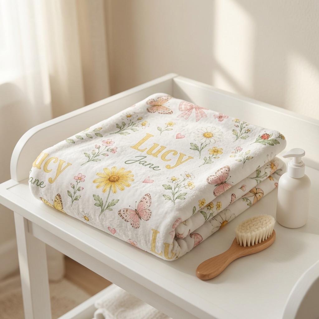 Personalized Daisy Baby Blanket, Custom Baby Girl Blanket, Floral Name Blanket, Butterfly Baby Blanket, Pink Bow Blanket, New