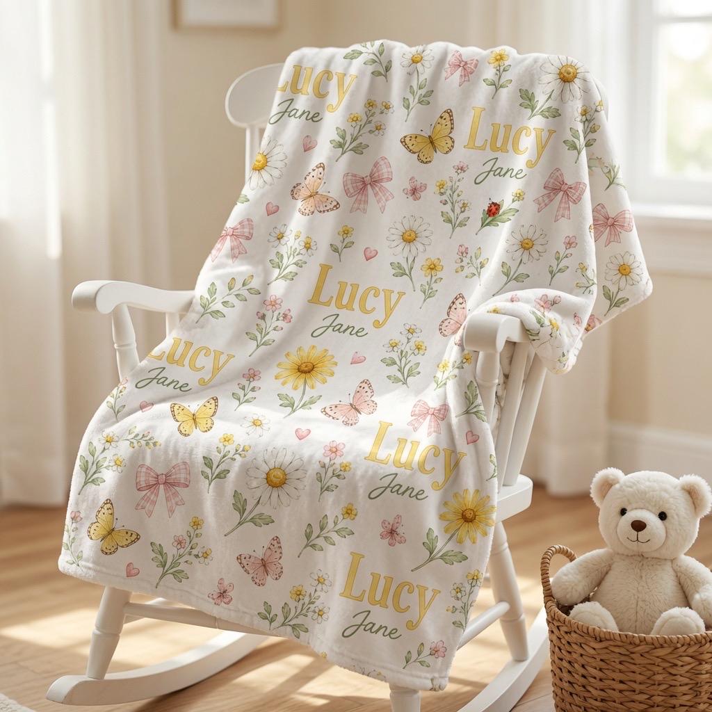 Personalized Daisy Baby Blanket, Custom Baby Girl Blanket, Floral Name Blanket, Butterfly Baby Blanket, Pink Bow Blanket, New