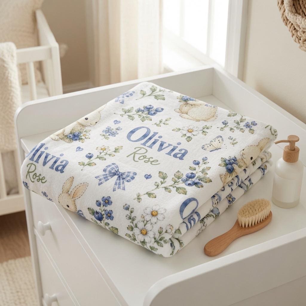 Personalized Blueberry Bunny Baby Blanket, Custom Baby Girl Blanket, Blueberry Nursery Blanket, Bunny Name Blanket, Floral Ba