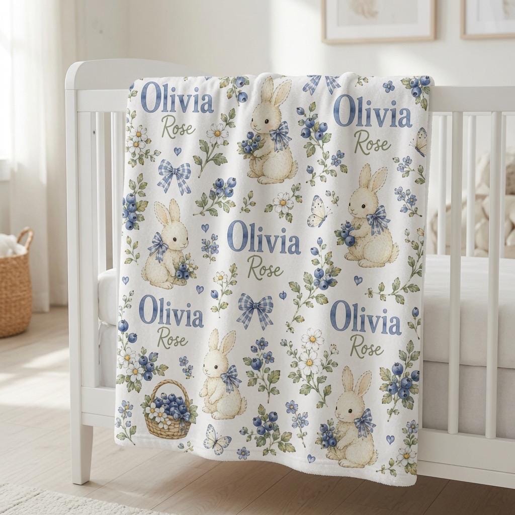 Personalized Blueberry Bunny Baby Blanket, Custom Baby Girl Blanket, Blueberry Nursery Blanket, Bunny Name Blanket, Floral Ba