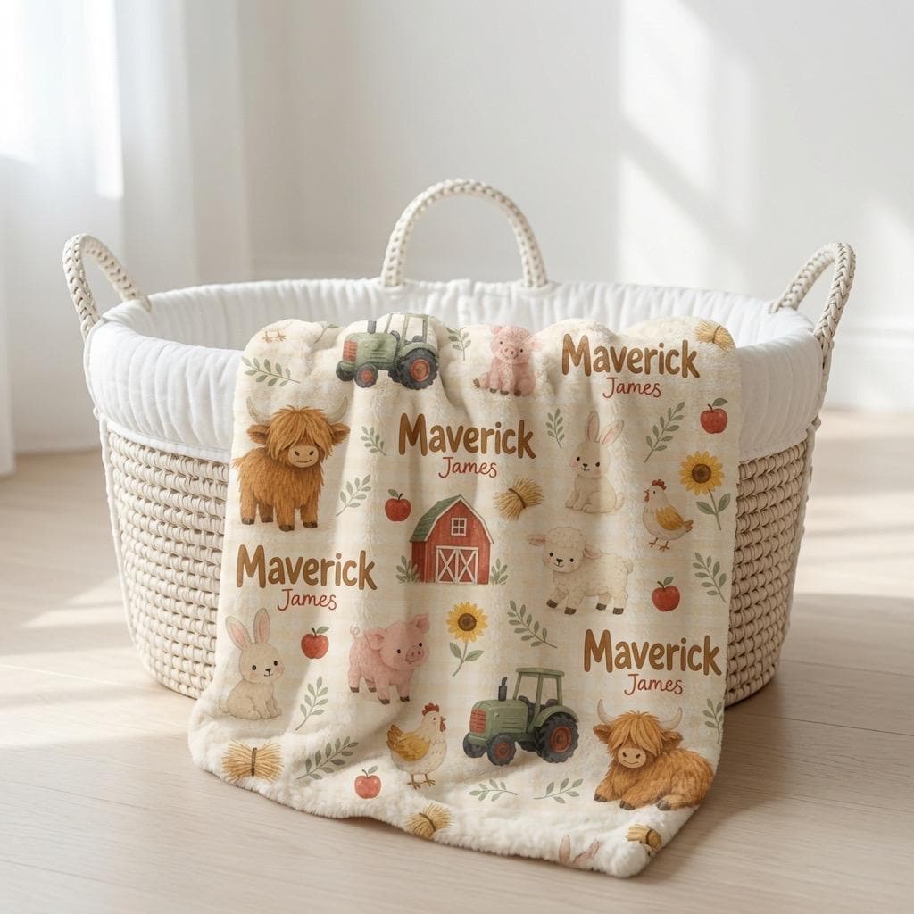 Personalized Farm Baby Blanket, Custom Farm Animal Baby Blanket, Highland Cow Blanket, Tractor Baby Blanket, Baby Boy Name Bl