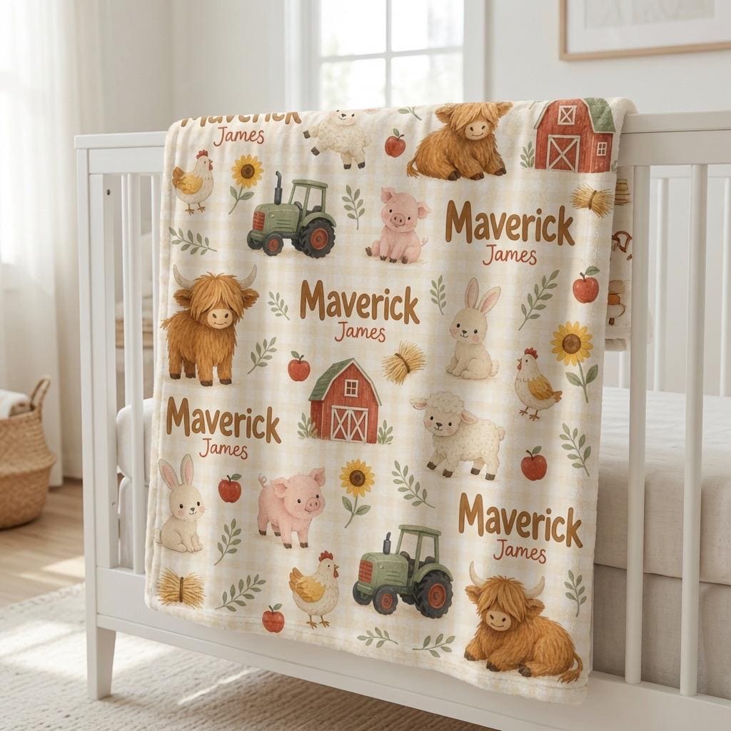 Personalized Farm Baby Blanket, Custom Farm Animal Baby Blanket, Highland Cow Blanket, Tractor Baby Blanket, Baby Boy Name Bl