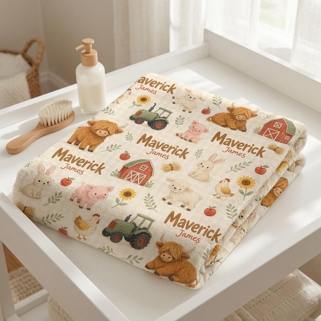 Personalized Farm Baby Blanket, Custom Farm Animal Baby Blanket, Highland Cow Blanket, Tractor Baby Blanket, Baby Boy Name Bl