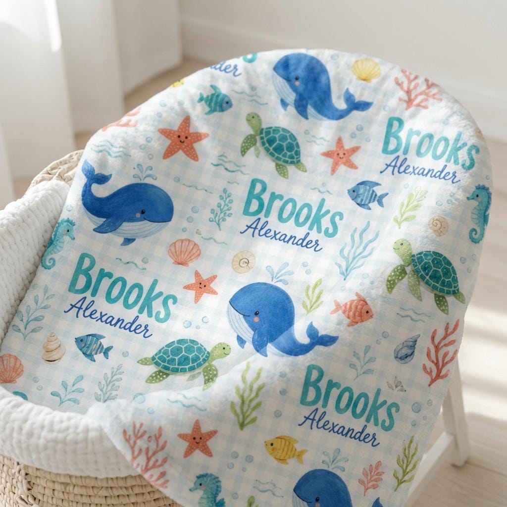 Personalized Ocean Baby Blanket, Custom Whale Baby Blanket, Sea Turtle Baby Blanket, Under the Sea Nursery Blanket, Baby Boy 