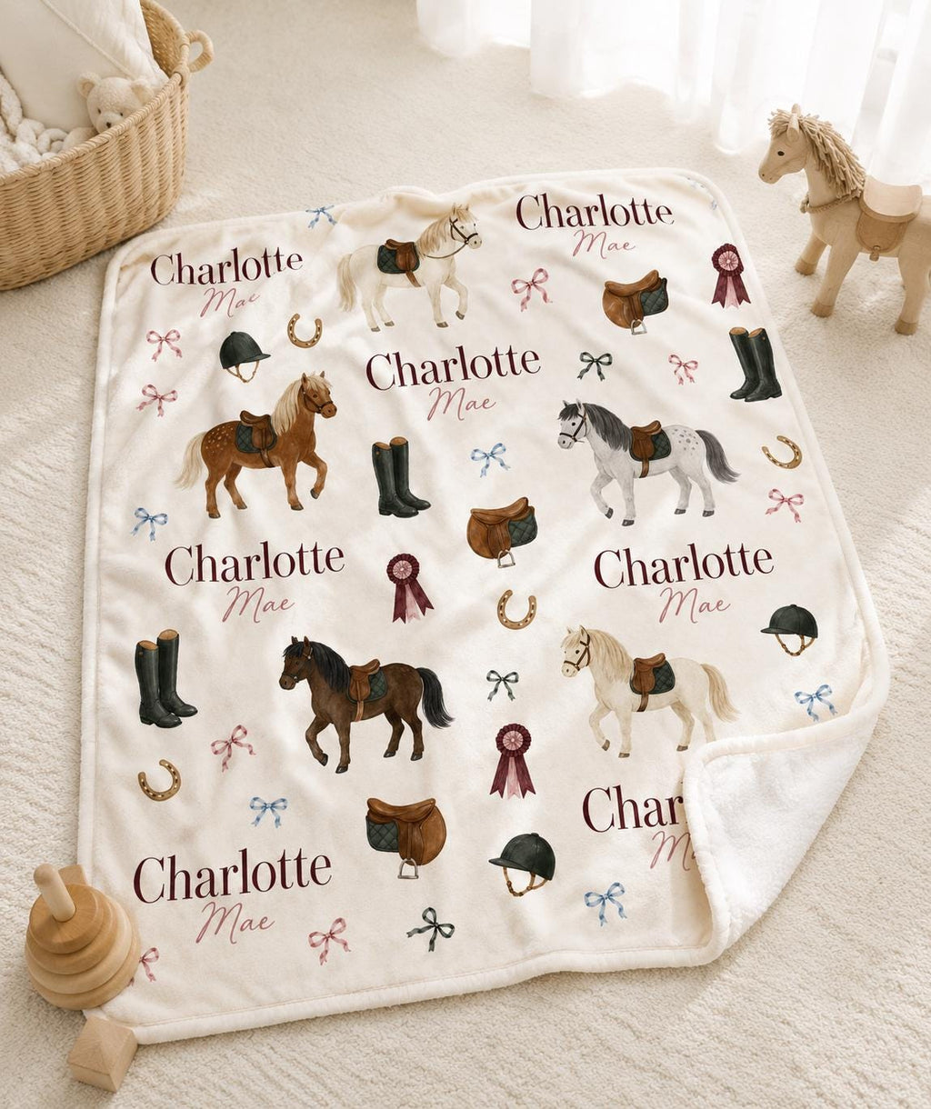Personalized Horse Baby Blanket, Custom Name Equestrian Blanket, Pony Nursery Decor, Baby Girl Blanket, Horse Lover Baby Show
