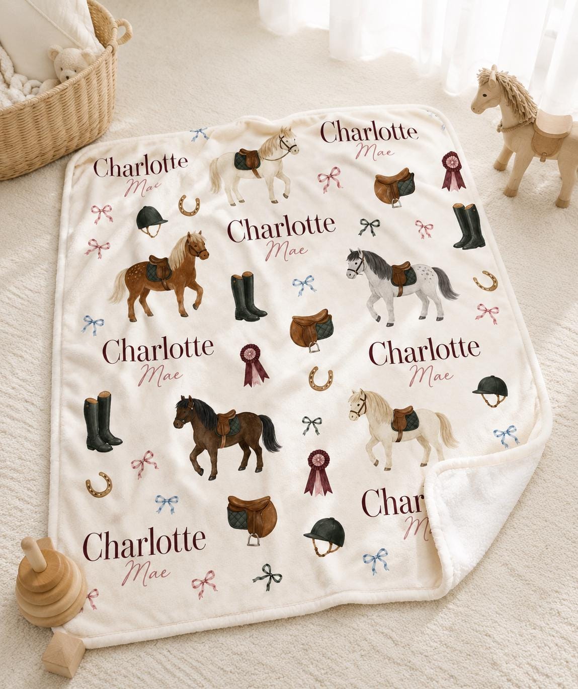 Personalized Horse Baby Blanket, Custom Name Equestrian Blanket, Pony Nursery Decor, Baby Girl Blanket, Horse Lover Baby Show