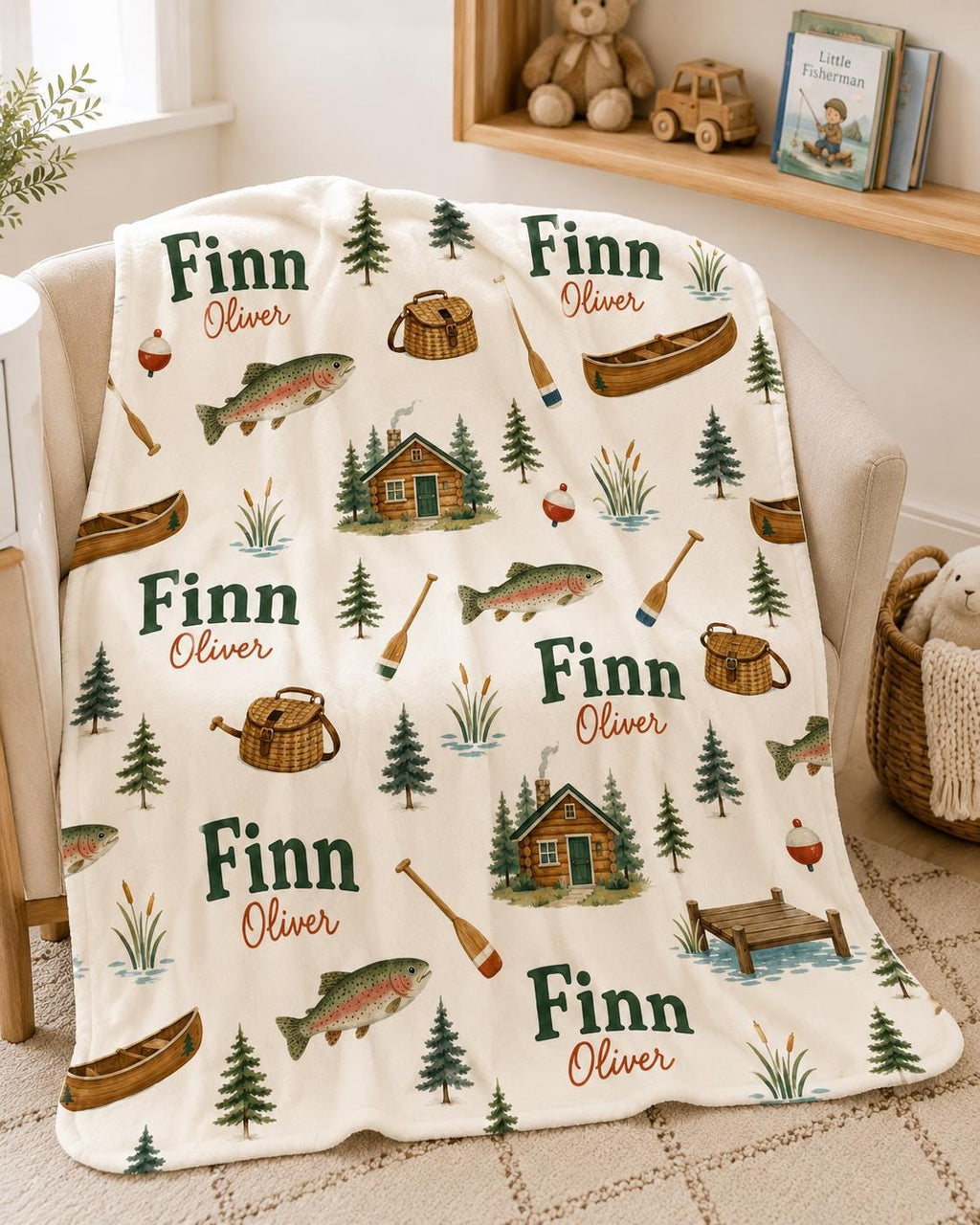 Personalized Fishing Baby Blanket, Custom Name Boy Blanket, Trout Nursery Decor, Lake Cabin Baby Gift, Outdoors Baby Shower G