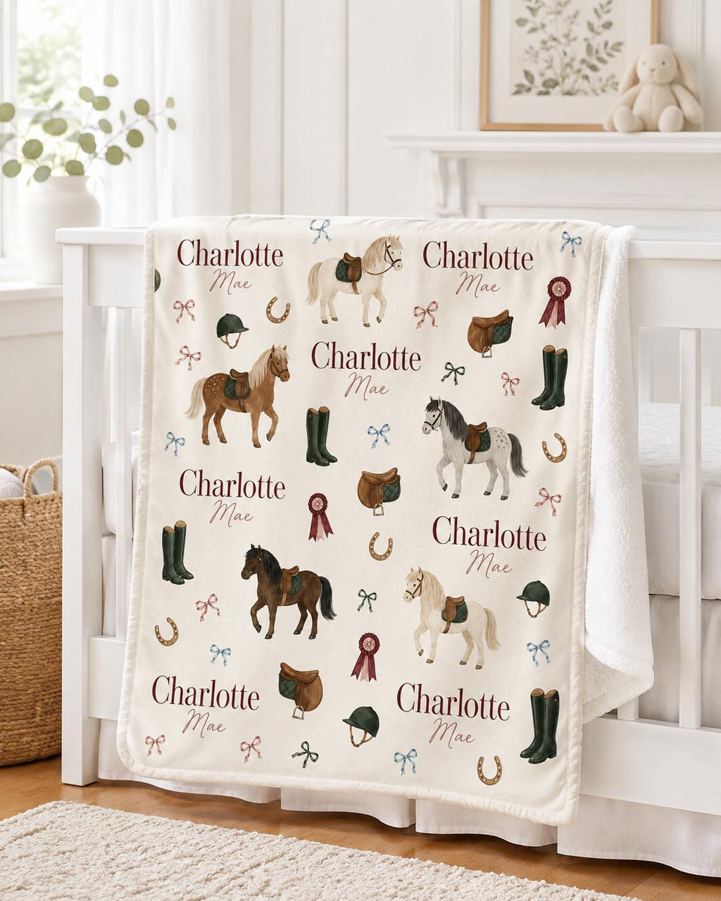 Personalized Horse Baby Blanket, Custom Name Equestrian Blanket, Pony Nursery Decor, Baby Girl Blanket, Horse Lover Baby Show