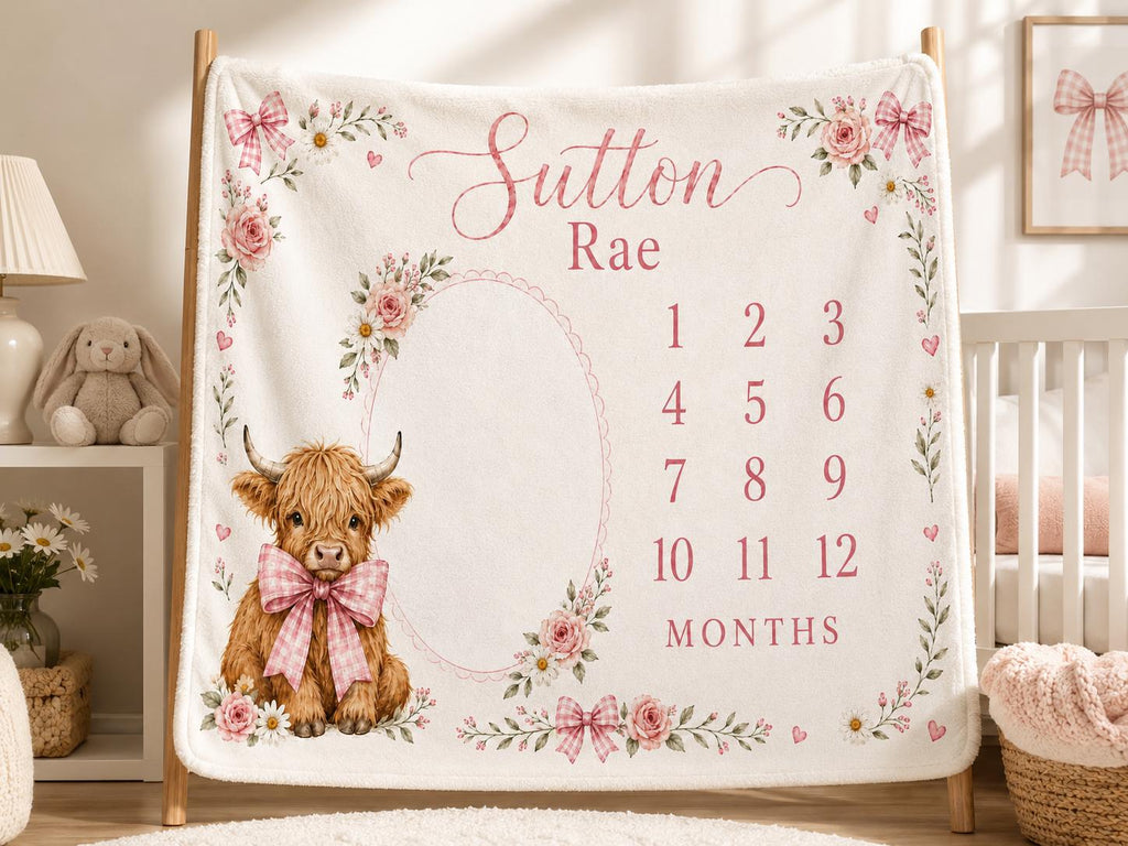 Personalized Highland Cow Milestone Blanket, Baby Girl Monthly Milestone Blanket, Floral Cow Baby Blanket, Custom Name Blanke