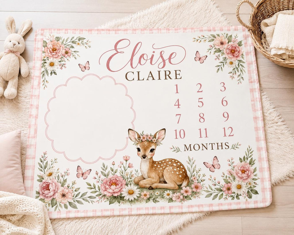 Personalized Deer Milestone Blanket, Baby Girl Monthly Milestone Blanket, Floral Fawn Baby Blanket, Custom Name Blanket, Wood