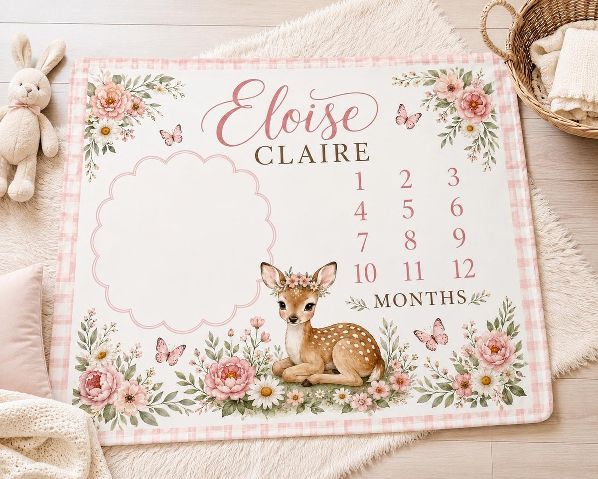 Personalized Deer Milestone Blanket, Baby Girl Monthly Milestone Blanket, Floral Fawn Baby Blanket, Custom Name Blanket, Wood