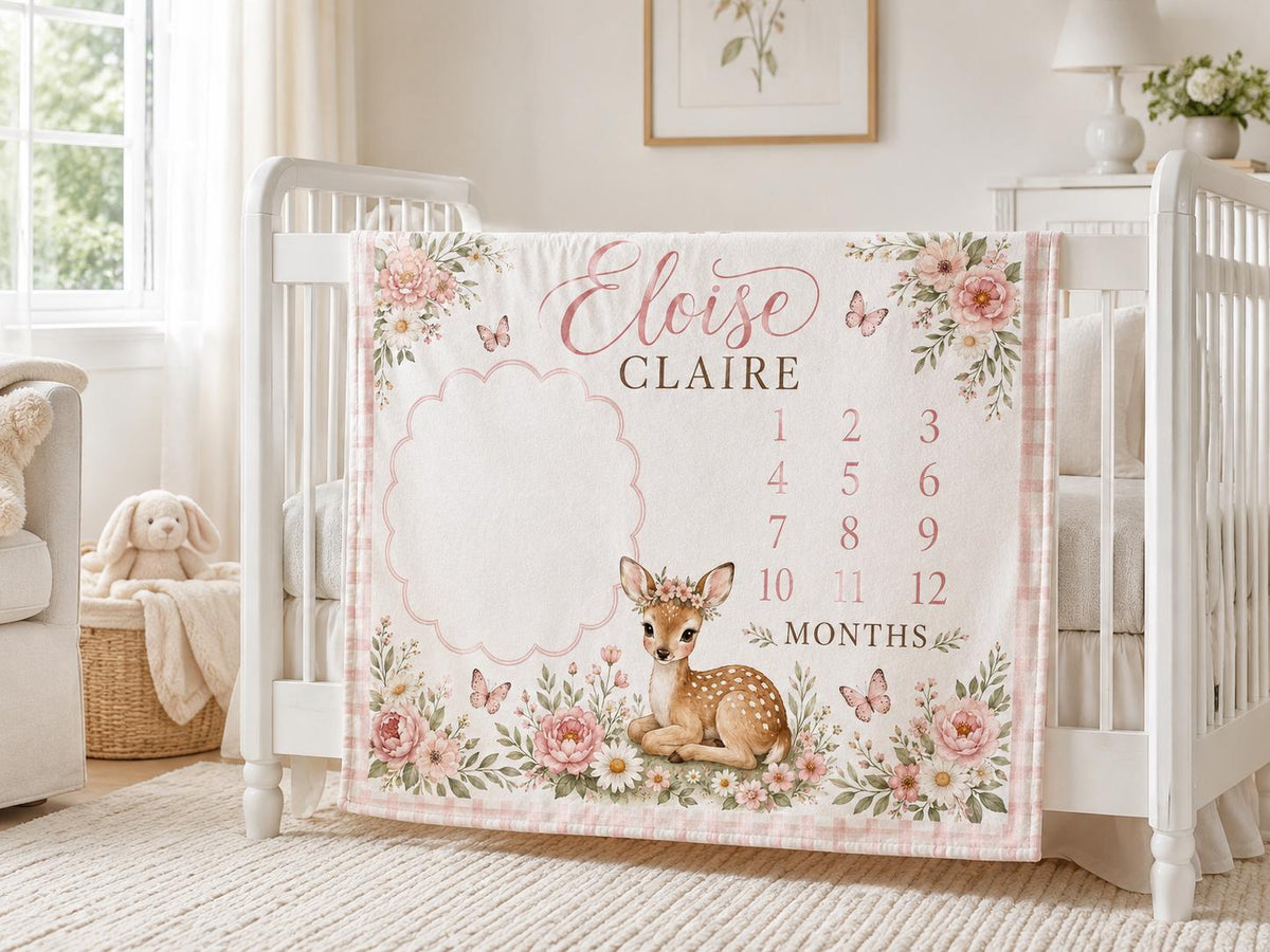 Personalized Deer Milestone Blanket, Baby Girl Monthly Milestone Blanket, Floral Fawn Baby Blanket, Custom Name Blanket, Wood