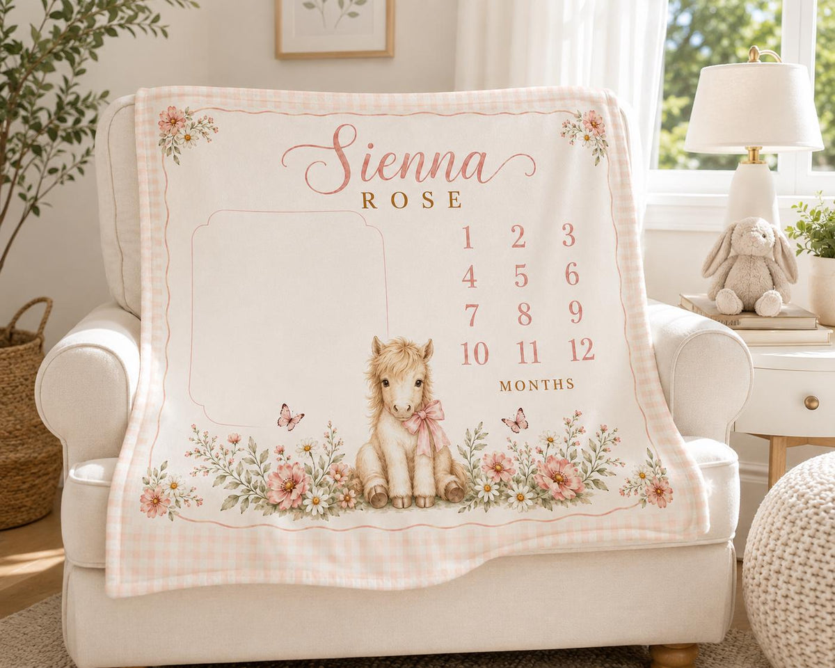 Personalized Horse Milestone Blanket, Baby Girl Monthly Milestone Blanket, Pony Baby Blanket, Custom Name Blanket, Floral Bab