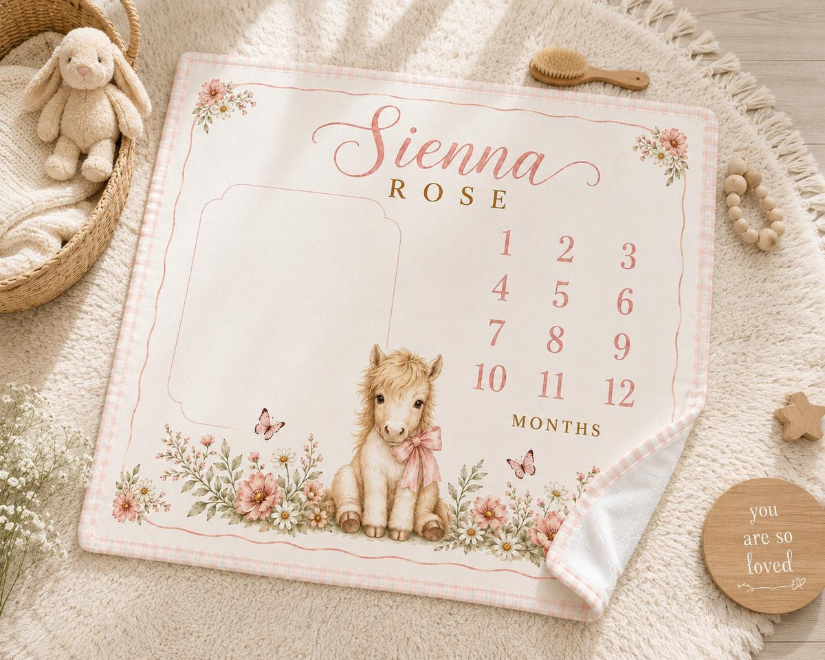 Personalized Horse Milestone Blanket, Baby Girl Monthly Milestone Blanket, Pony Baby Blanket, Custom Name Blanket, Floral Bab