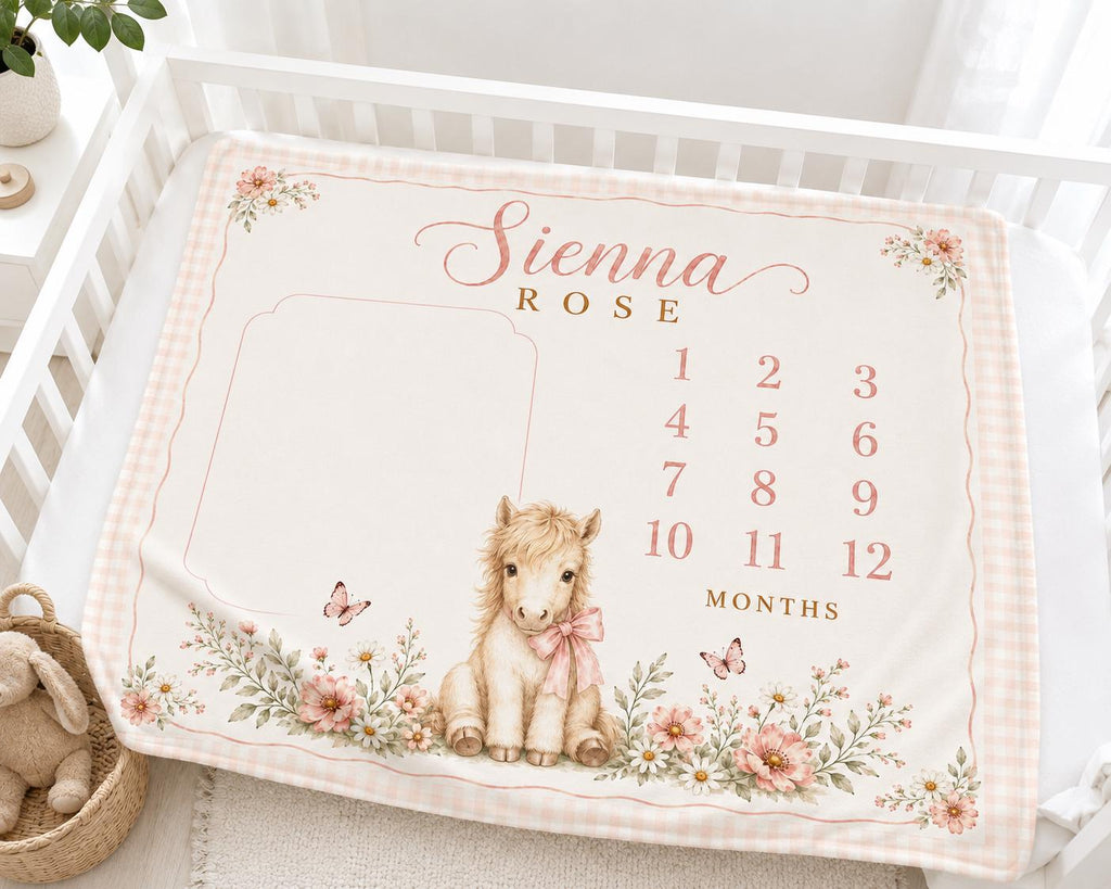Personalized Horse Milestone Blanket, Baby Girl Monthly Milestone Blanket, Pony Baby Blanket, Custom Name Blanket, Floral Bab