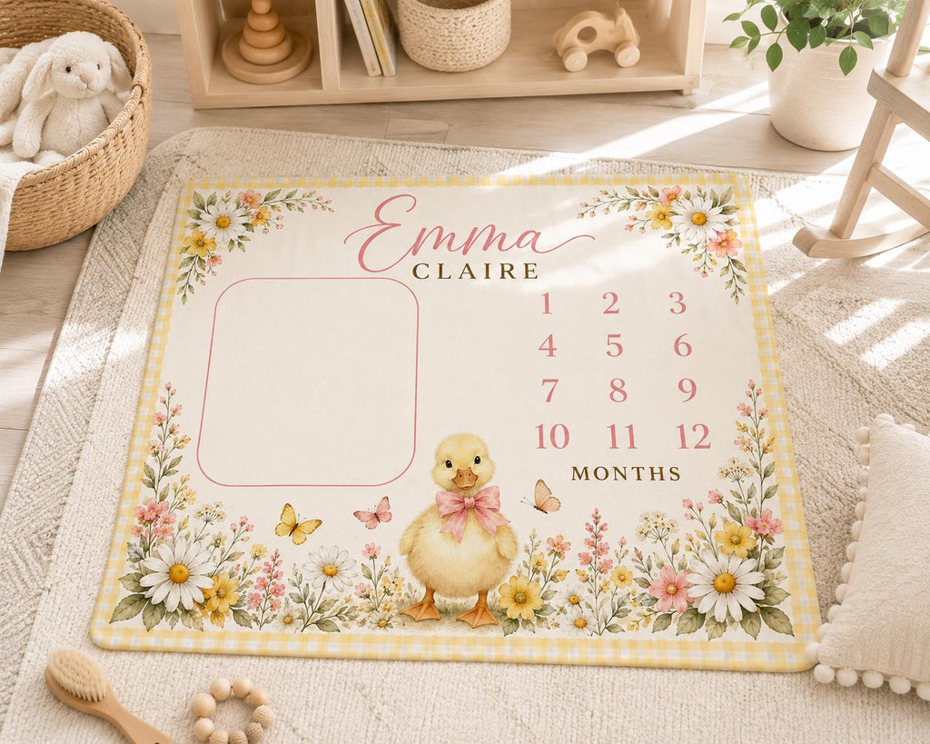 Personalized Duck Milestone Blanket, Baby Girl Monthly Milestone Blanket, Floral Duckling Baby Blanket, Custom Name Blanket, 