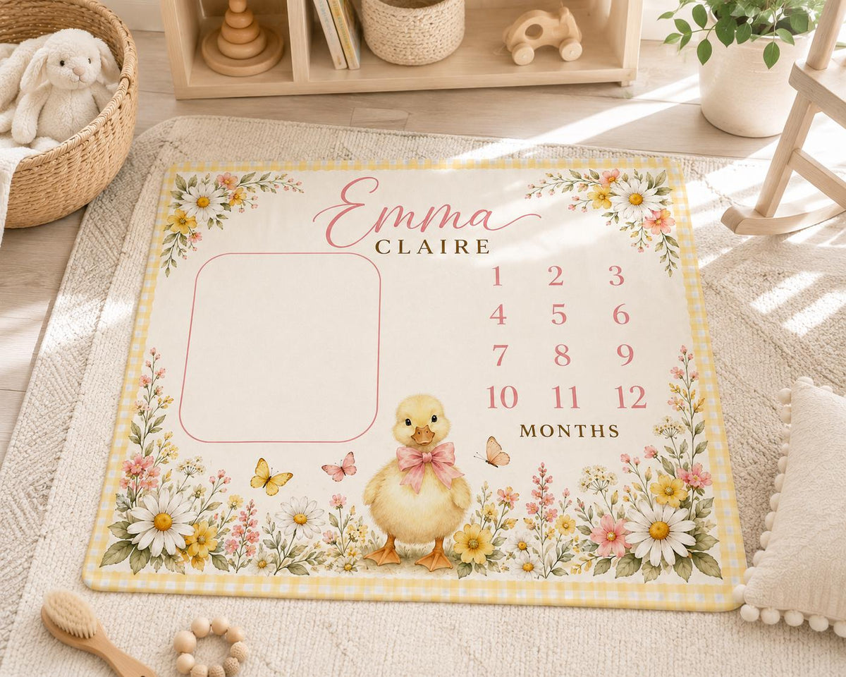 Personalized Duck Milestone Blanket, Baby Girl Monthly Milestone Blanket, Floral Duckling Baby Blanket, Custom Name Blanket, 