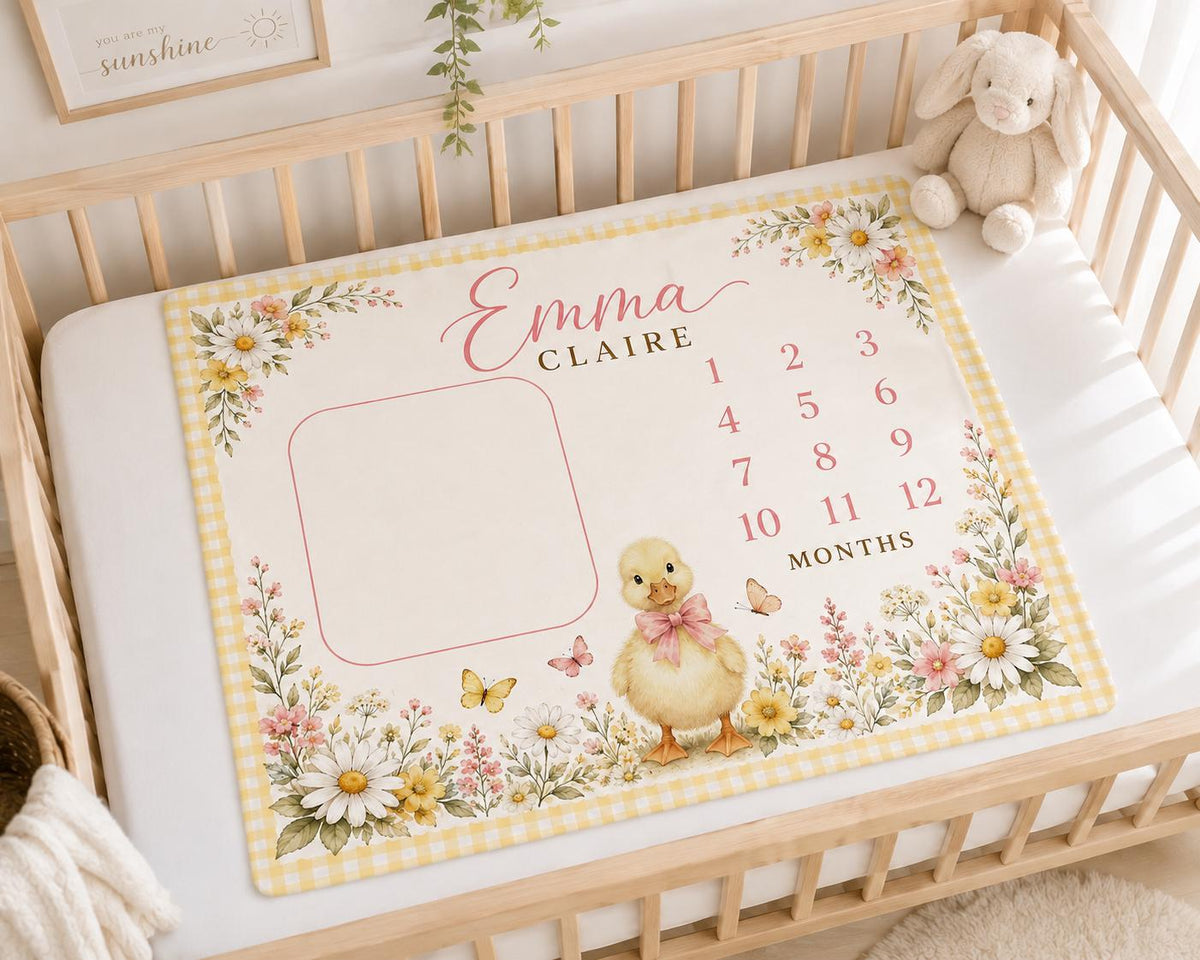 Personalized Duck Milestone Blanket, Baby Girl Monthly Milestone Blanket, Floral Duckling Baby Blanket, Custom Name Blanket, 