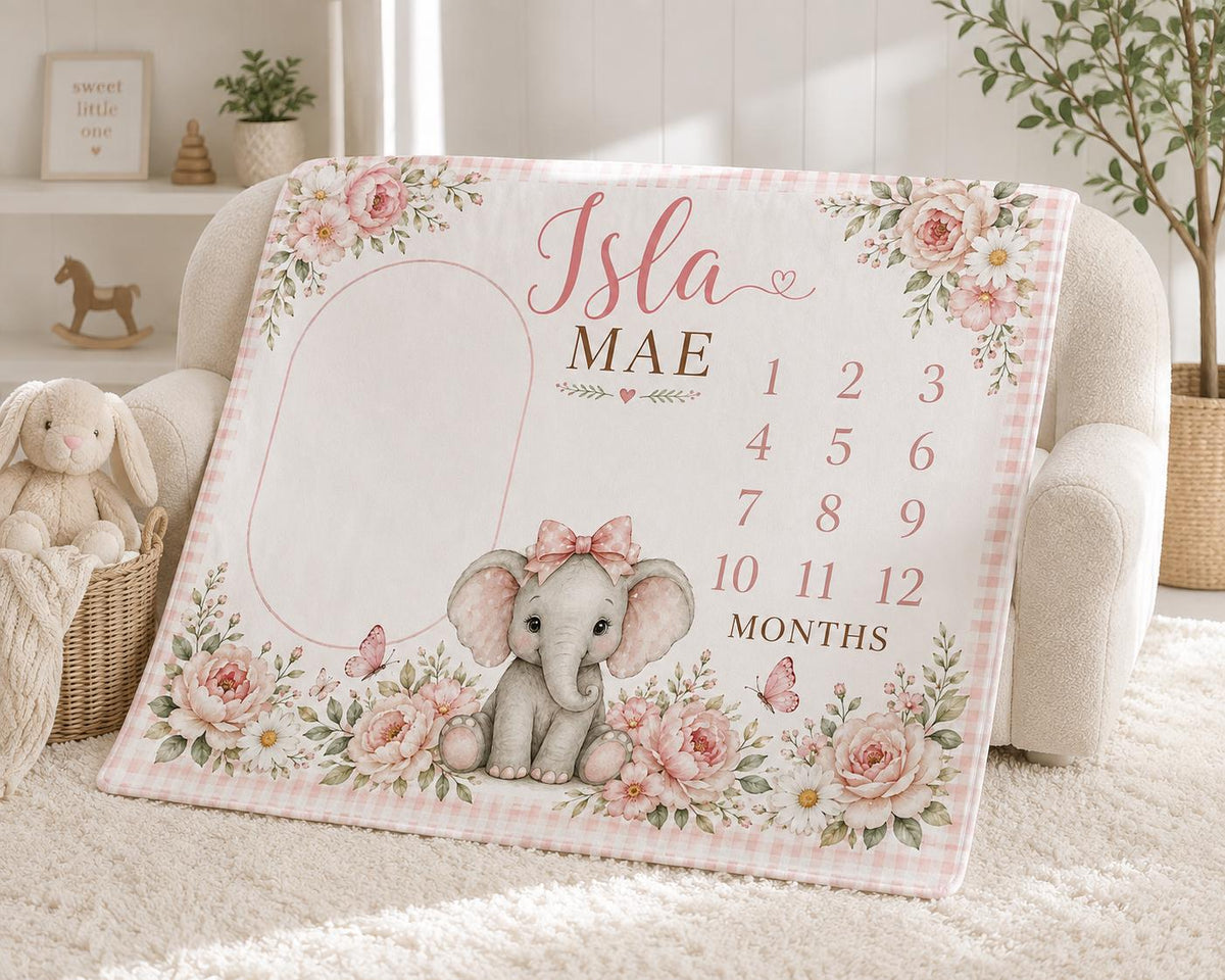 Personalized Elephant Milestone Blanket, Baby Girl Monthly Milestone Blanket, Floral Baby Blanket, Custom Name Blanket, Baby 