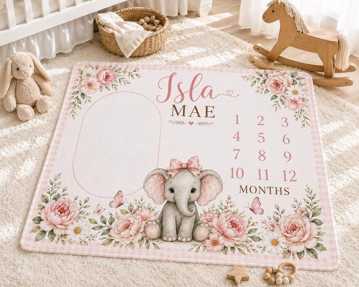 Personalized Elephant Milestone Blanket, Baby Girl Monthly Milestone Blanket, Floral Baby Blanket, Custom Name Blanket, Baby 