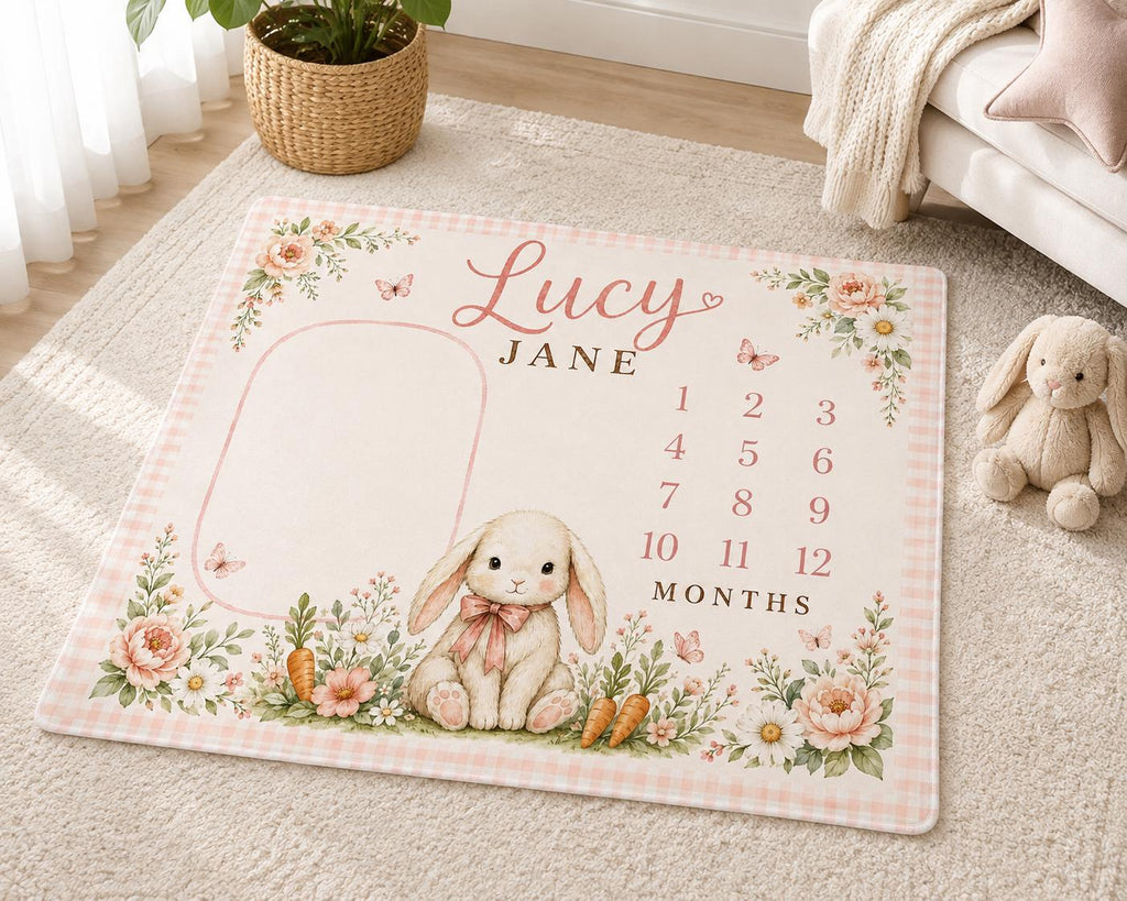 Personalized Bunny Milestone Blanket, Baby Girl Monthly Milestone Blanket, Floral Baby Blanket, Custom Name Blanket, Bunny Ba