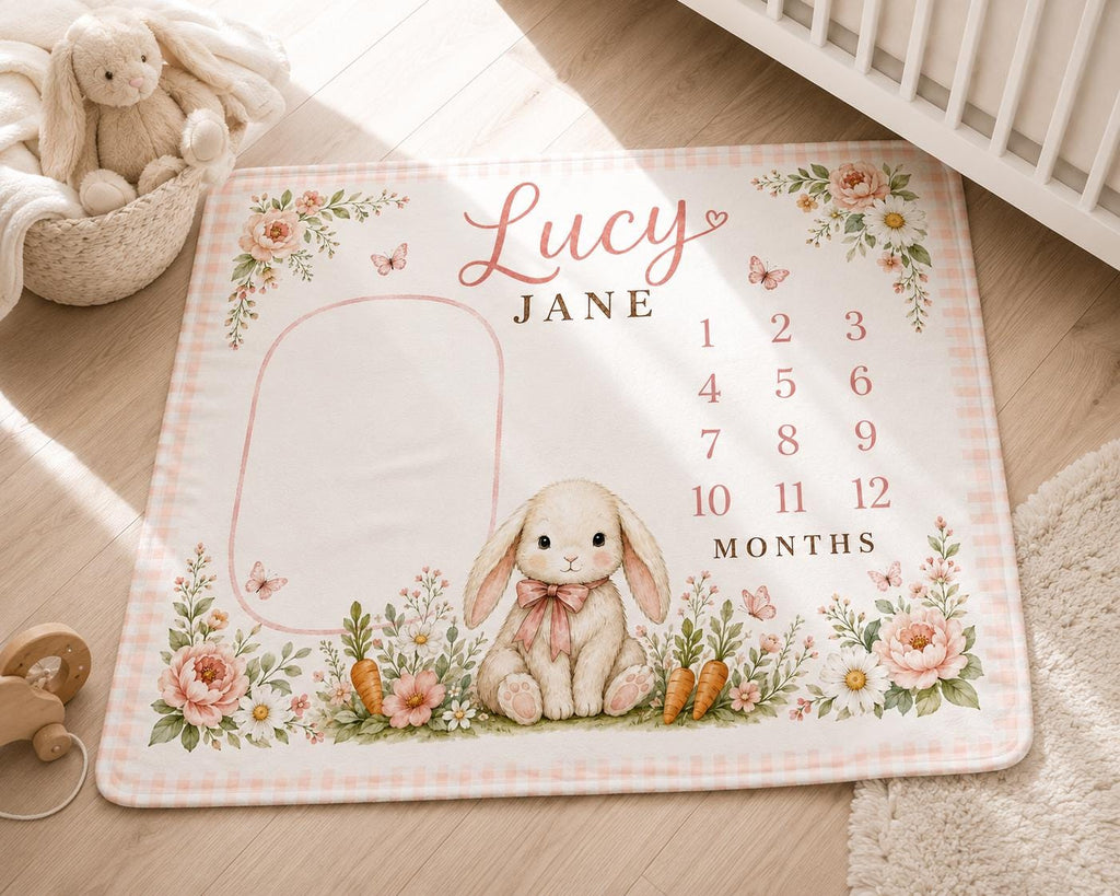 Personalized Bunny Milestone Blanket, Baby Girl Monthly Milestone Blanket, Floral Baby Blanket, Custom Name Blanket, Bunny Ba
