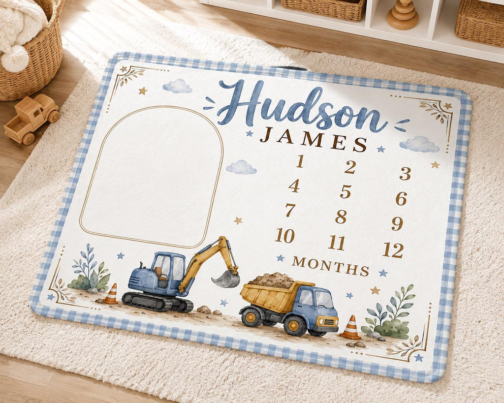 Personalized Construction Milestone Blanket, Baby Boy Monthly Milestone Blanket, Excavator Baby Blanket, Custom Name Blanket,