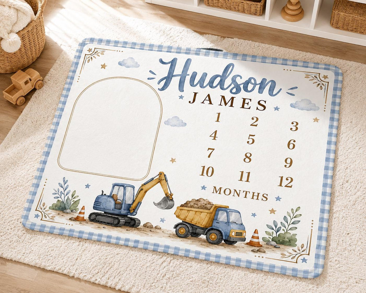 Personalized Construction Milestone Blanket, Baby Boy Monthly Milestone Blanket, Excavator Baby Blanket, Custom Name Blanket,