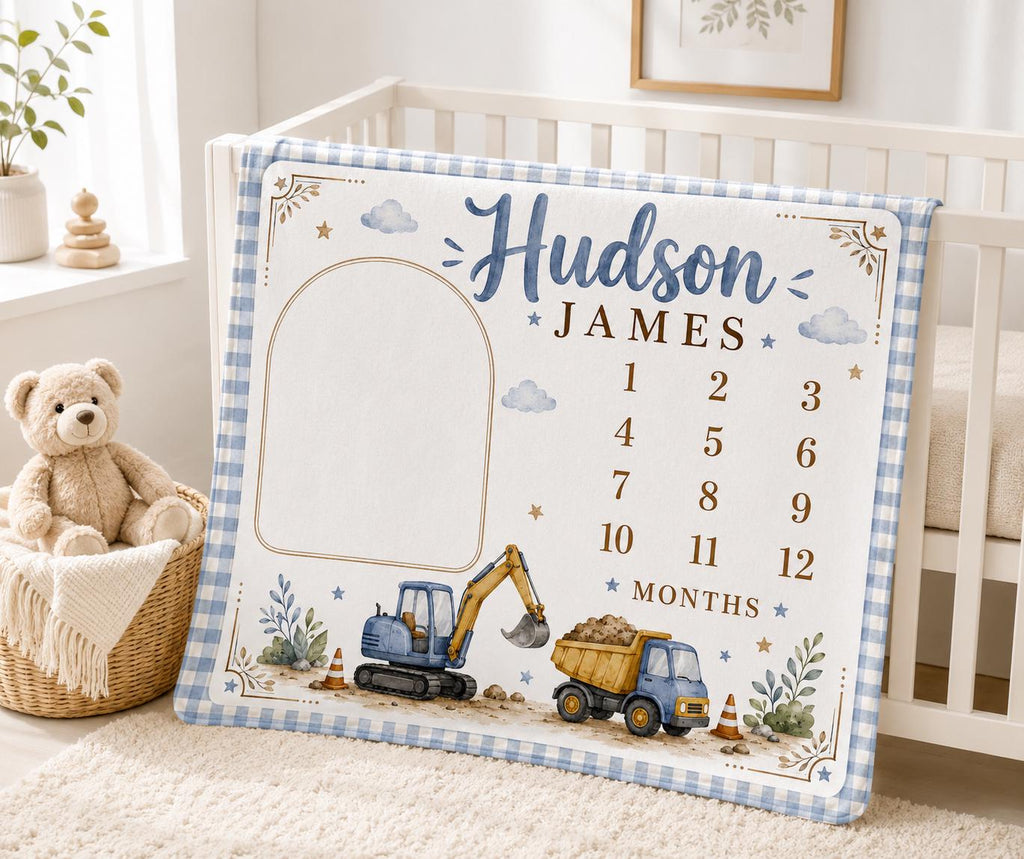 Personalized Construction Milestone Blanket, Baby Boy Monthly Milestone Blanket, Excavator Baby Blanket, Custom Name Blanket,