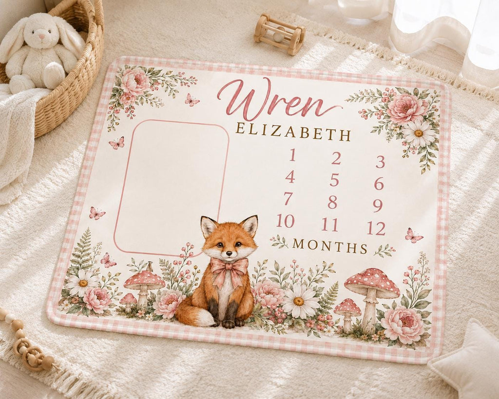 Personalized Fox Milestone Blanket, Baby Girl Monthly Milestone Blanket, Woodland Baby Blanket, Custom Name Blanket, Floral B