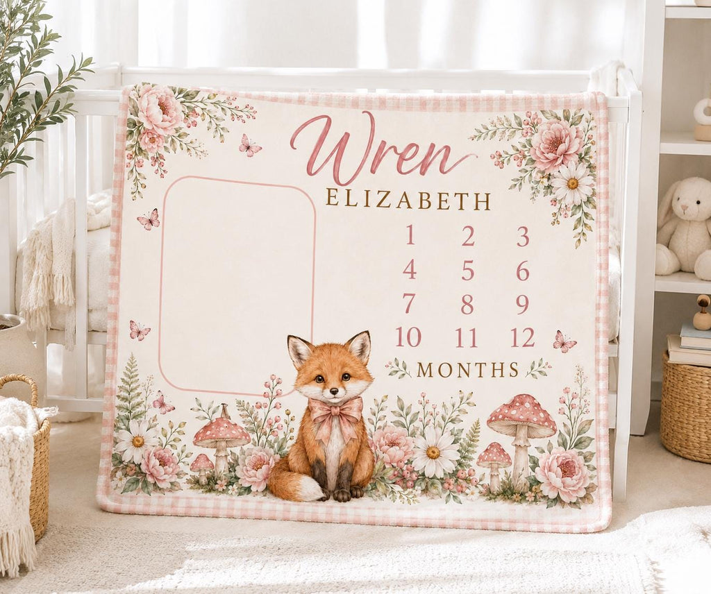 Personalized Fox Milestone Blanket, Baby Girl Monthly Milestone Blanket, Woodland Baby Blanket, Custom Name Blanket, Floral B