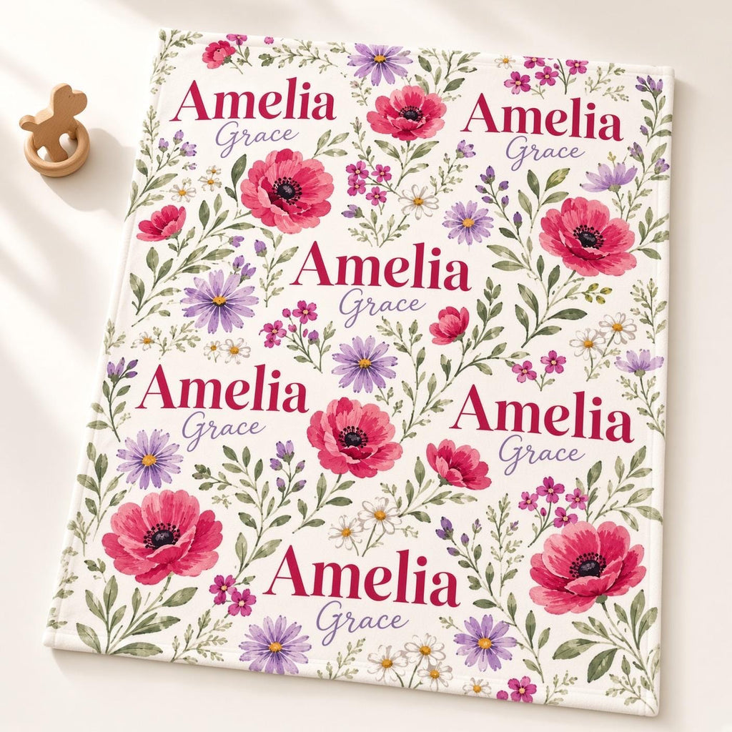 Personalized Floral Baby Blanket, Custom Name Baby Girl Blanket, Wildflower Nursery Decor, Poppy Flower Blanket, Baby Shower 