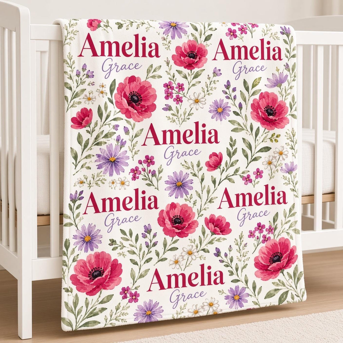 Personalized Floral Baby Blanket, Custom Name Baby Girl Blanket, Wildflower Nursery Decor, Poppy Flower Blanket, Baby Shower 