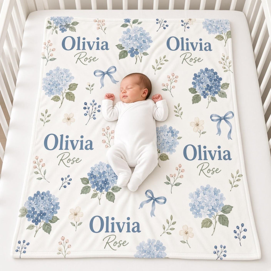 Personalized Hydrangea Baby Blanket, Custom Name Baby Girl Blanket, Blue Floral Nursery Decor, Bow Baby Blanket, Baby Shower 