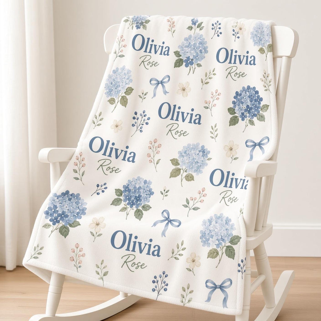 Personalized Hydrangea Baby Blanket, Custom Name Baby Girl Blanket, Blue Floral Nursery Decor, Bow Baby Blanket, Baby Shower 