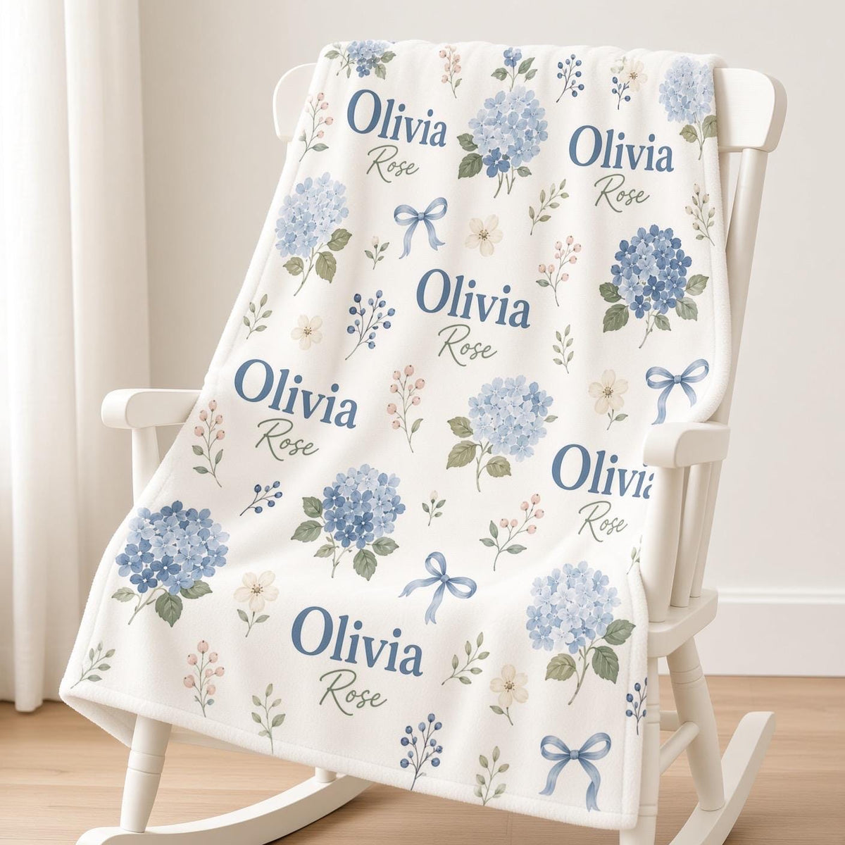 Personalized Hydrangea Baby Blanket, Custom Name Baby Girl Blanket, Blue Floral Nursery Decor, Bow Baby Blanket, Baby Shower 