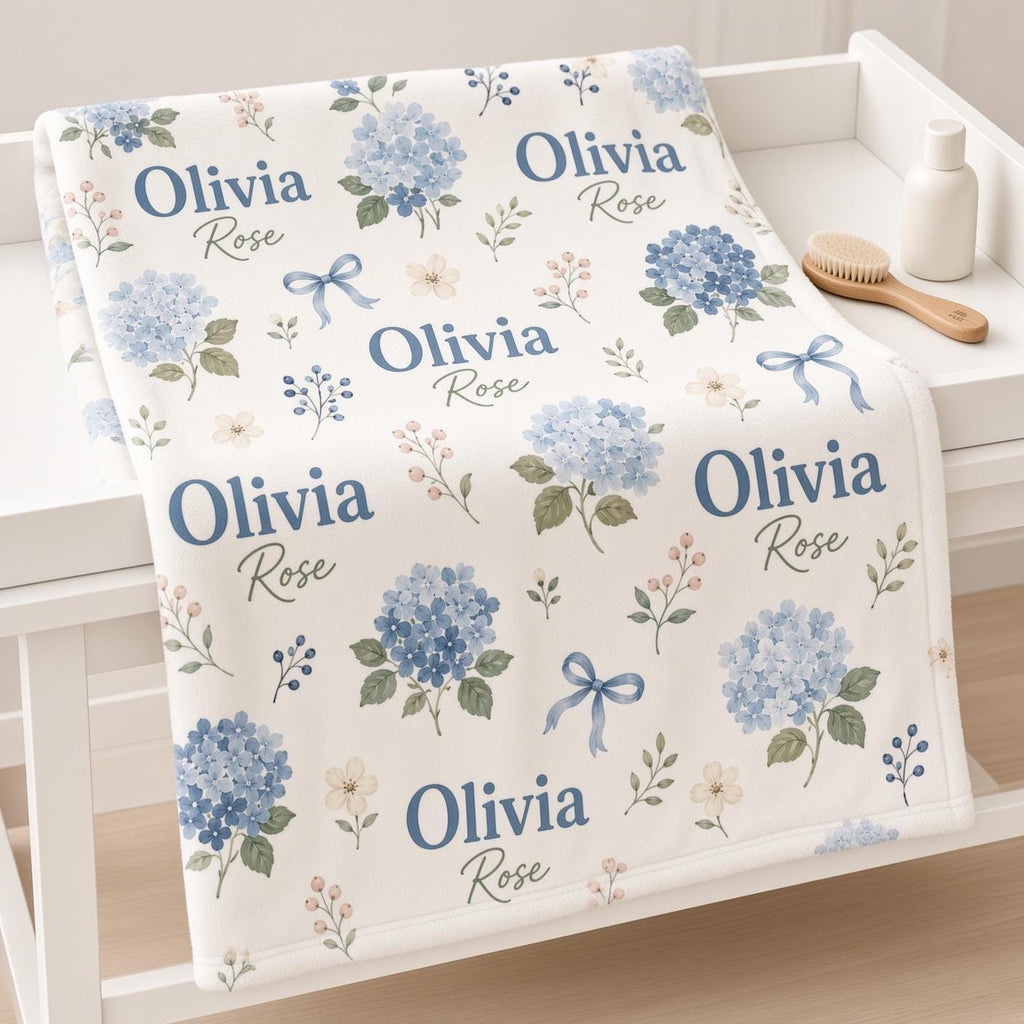 Personalized Hydrangea Baby Blanket, Custom Name Baby Girl Blanket, Blue Floral Nursery Decor, Bow Baby Blanket, Baby Shower 