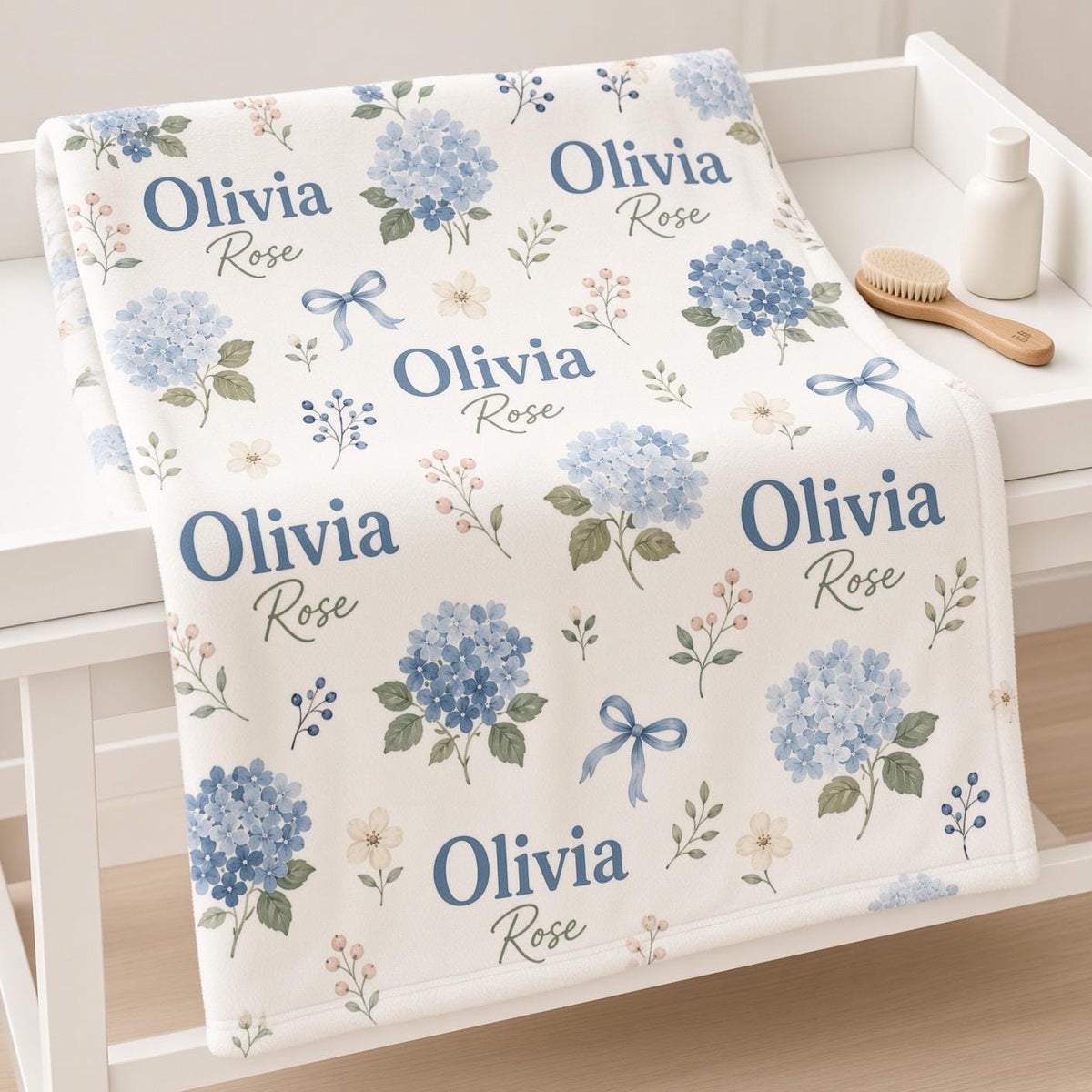 Personalized Hydrangea Baby Blanket, Custom Name Baby Girl Blanket, Blue Floral Nursery Decor, Bow Baby Blanket, Baby Shower 