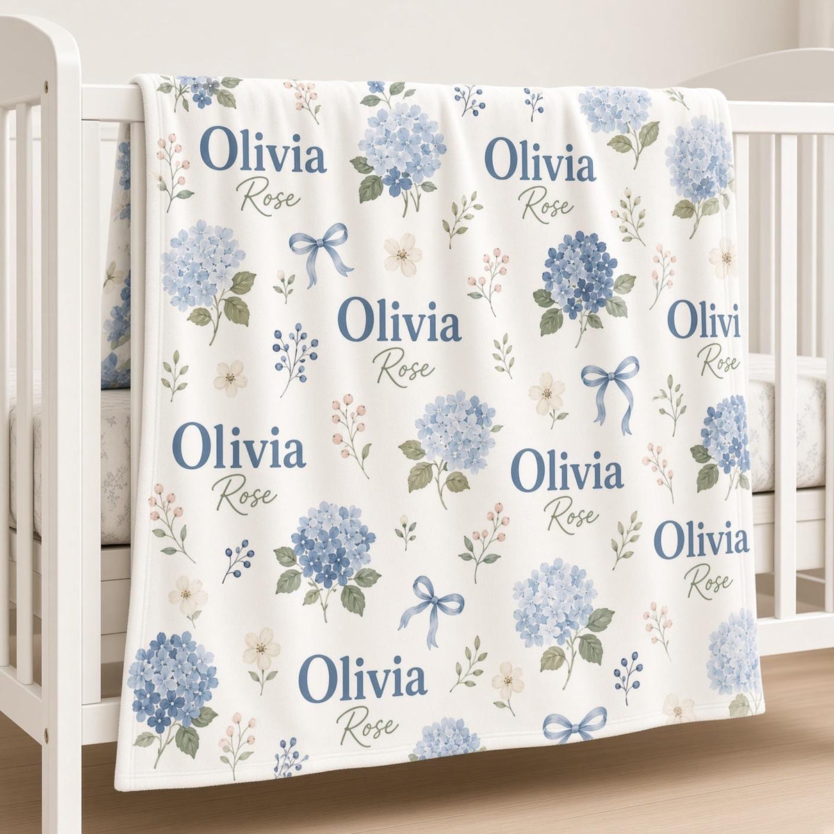 Personalized Hydrangea Baby Blanket, Custom Name Baby Girl Blanket, Blue Floral Nursery Decor, Bow Baby Blanket, Baby Shower 