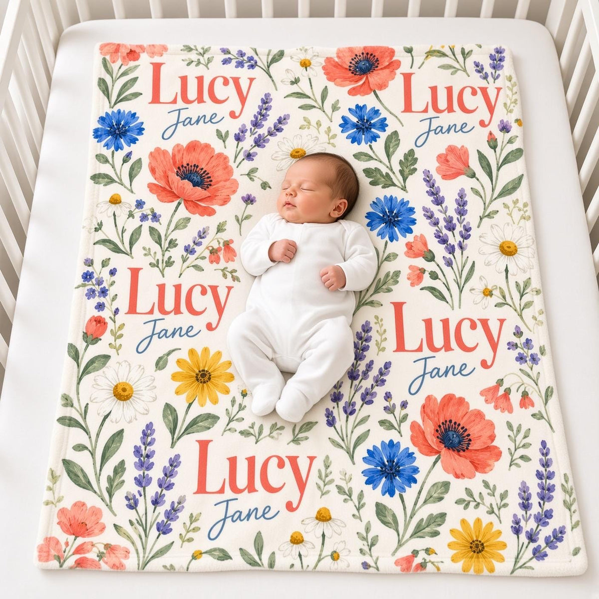 Personalized Wildflower Baby Blanket, Custom Name Baby Girl Blanket, Colorful Floral Nursery Decor, Newborn Baby Shower Gif