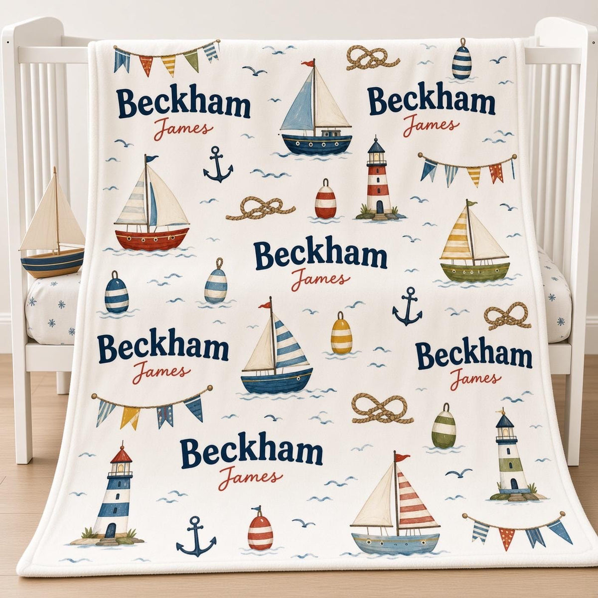 Personalized Sailboat Baby Blanket, Custom Name Boy Blanket, Nautical Nursery Decor, Coastal Baby Gift, Lighthouse Newborn Bl