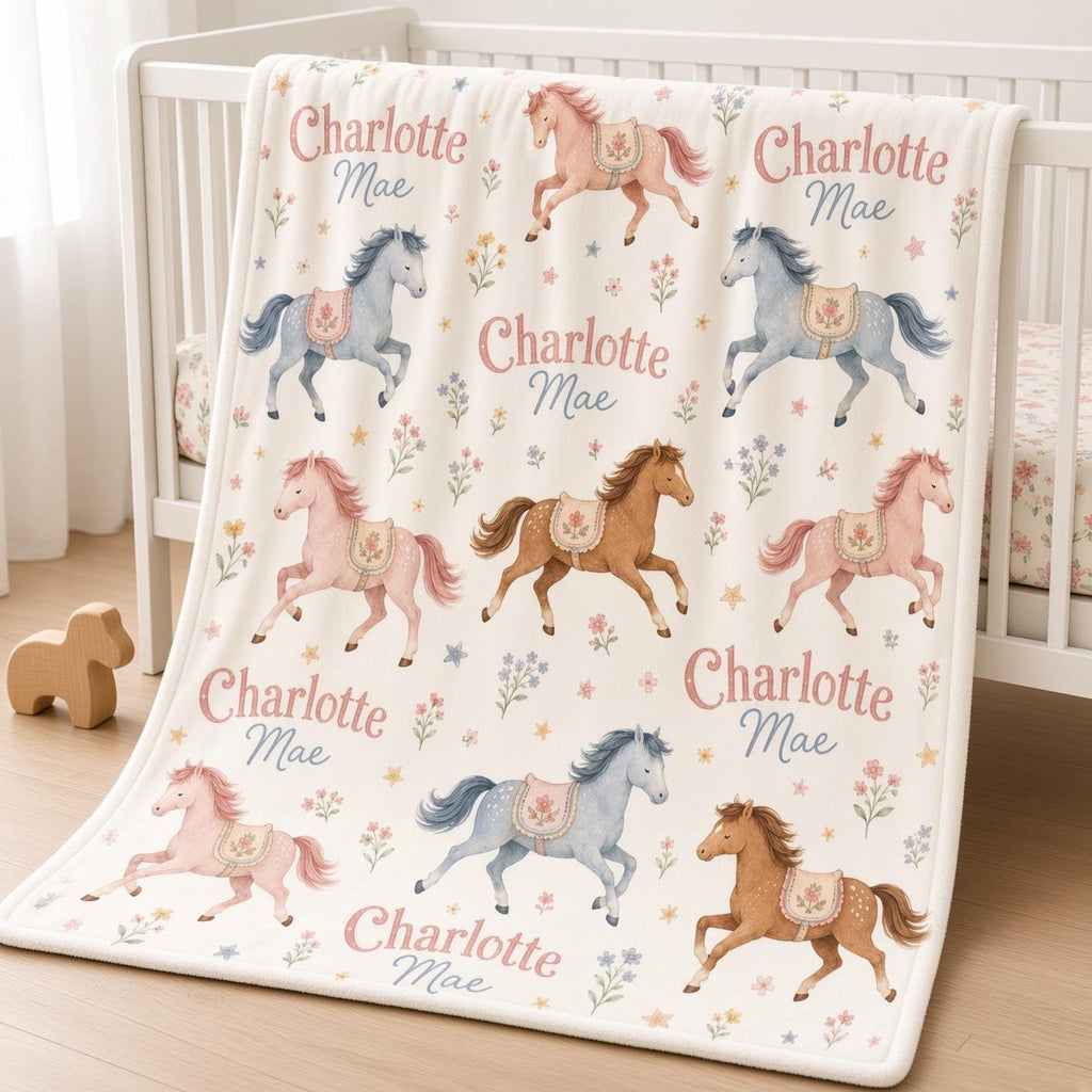 Personalized Horse Baby Blanket, Custom Name Baby Girl Blanket, Pony Nursery Decor, Equestrian Baby Gift, Floral Horse Blanke