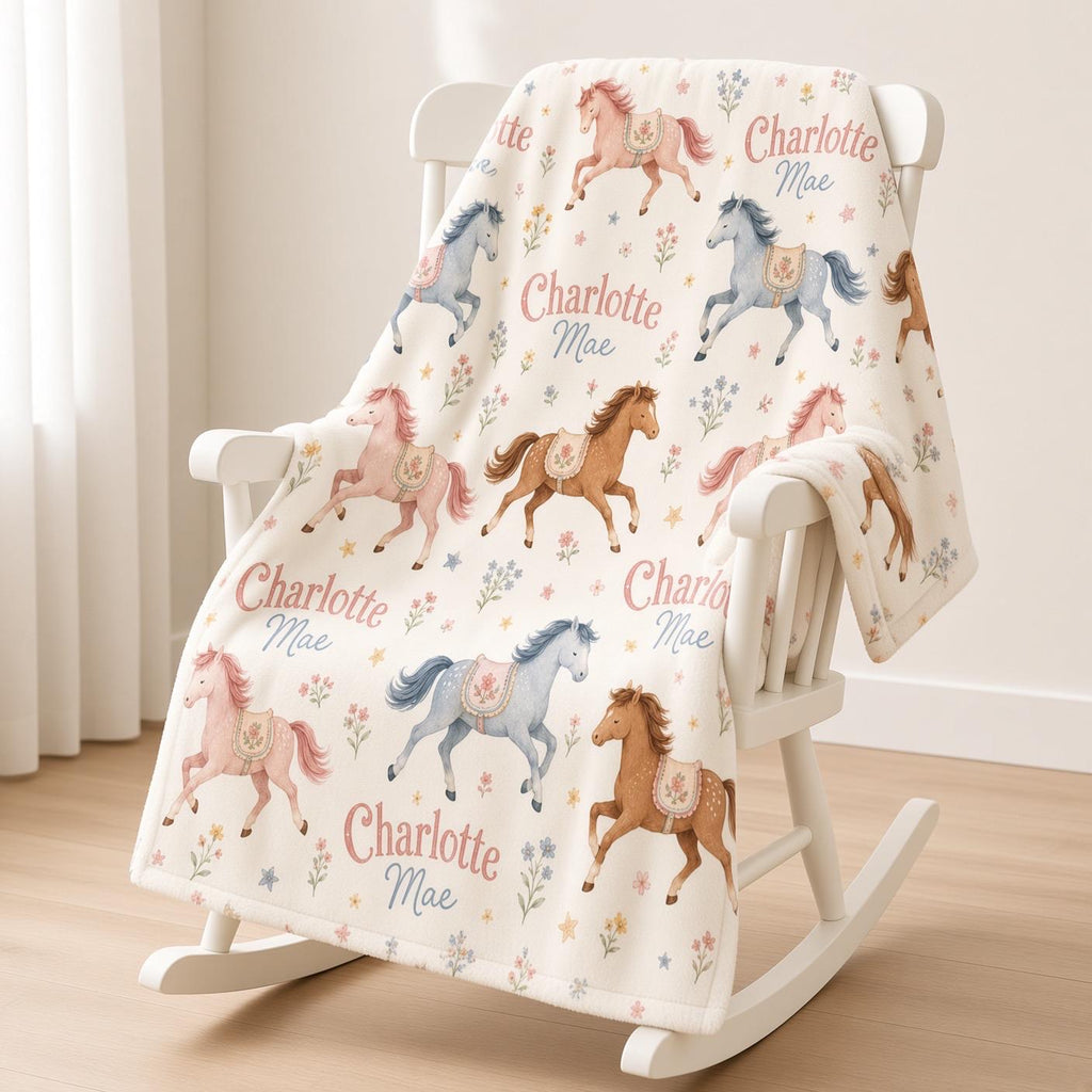 Personalized Horse Baby Blanket, Custom Name Baby Girl Blanket, Pony Nursery Decor, Equestrian Baby Gift, Floral Horse Blanke