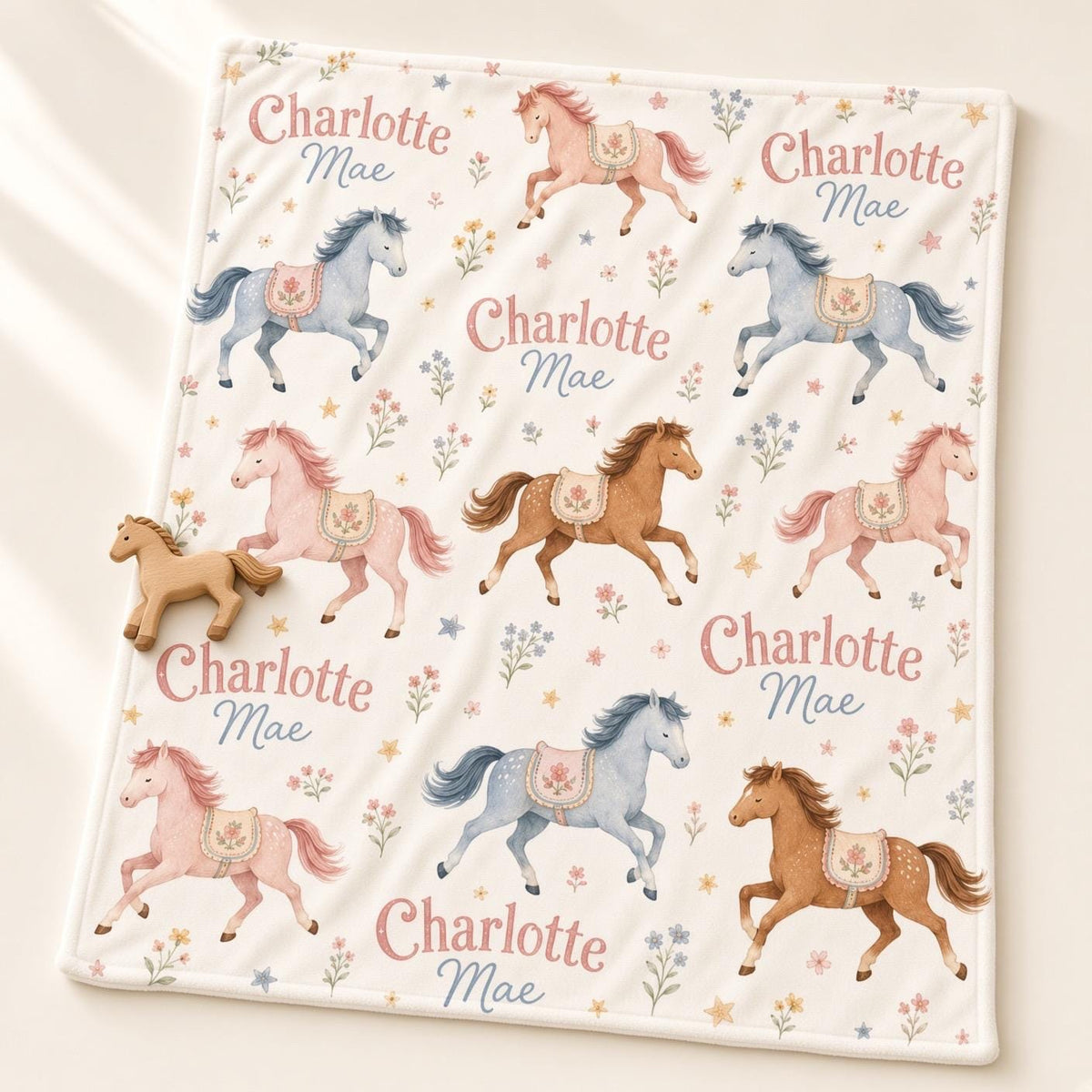 Personalized Horse Baby Blanket, Custom Name Baby Girl Blanket, Pony Nursery Decor, Equestrian Baby Gift, Floral Horse Blanke