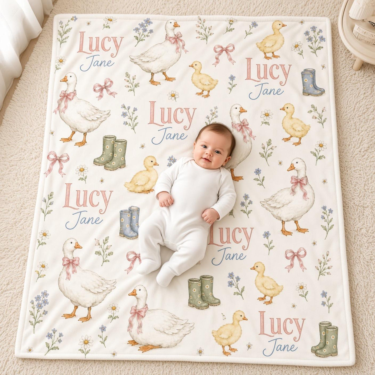 Personalized Goose Baby Blanket, Custom Name Baby Girl Blanket, Duckling Nursery Decor, Cottagecore Baby Gift, Farm Nursery B