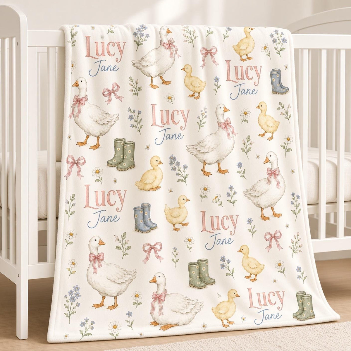 Personalized Goose Baby Blanket, Custom Name Baby Girl Blanket, Duckling Nursery Decor, Cottagecore Baby Gift, Farm Nursery B