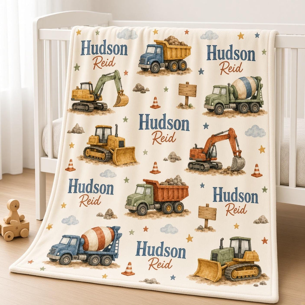 Personalized Construction Baby Blanket, Custom Name Boy Blanket, Construction Truck Nursery, Excavator Baby Gift, Dump Truck 
